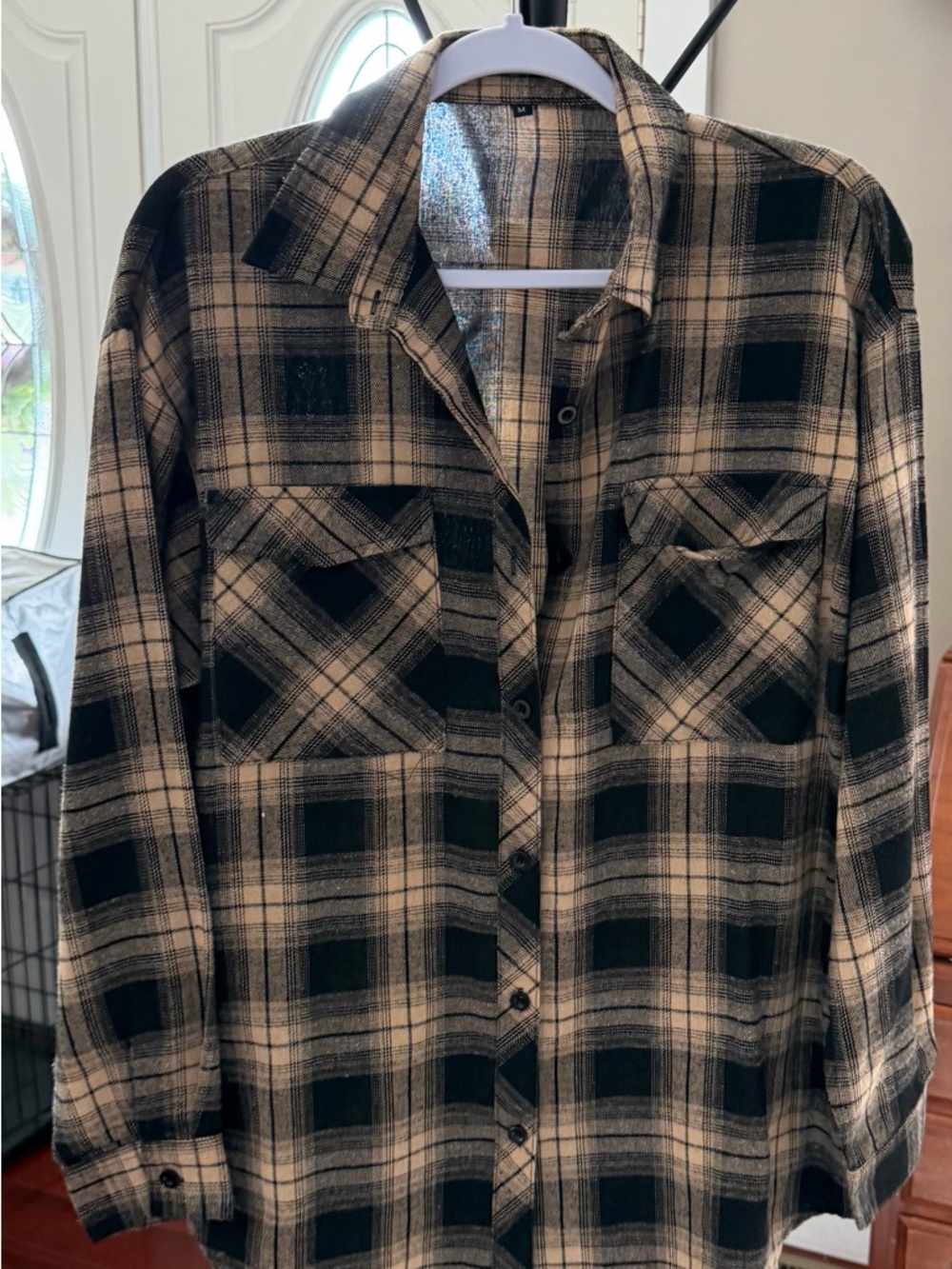Black and Cream Plaid Button-Up Shirt